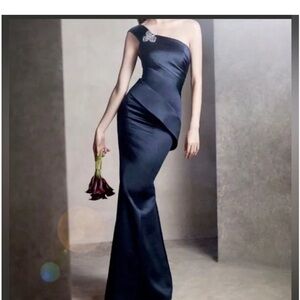White by Vera Wang One-Shoulder Midnight Blue Gown